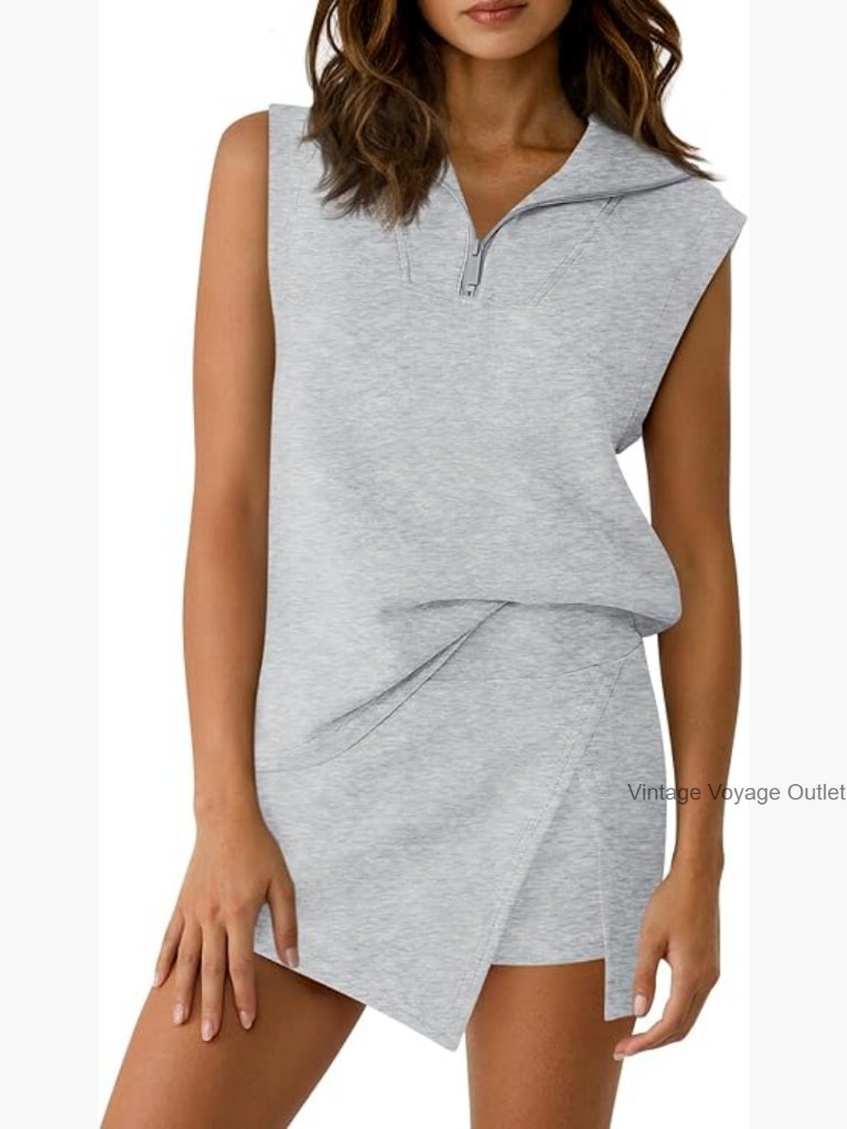 Sleeveless Half Zip Skirt Set With Built-In Shorts